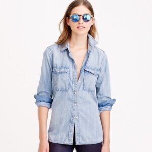 J. Crew Chambray Denim Button Down Shirt Top Blue Women's Small S Long Sleeve
